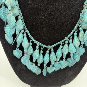 Vintage Verdigris Patina Leaf Bib Necklace Boho Statement Jewelry Turquois Artsy